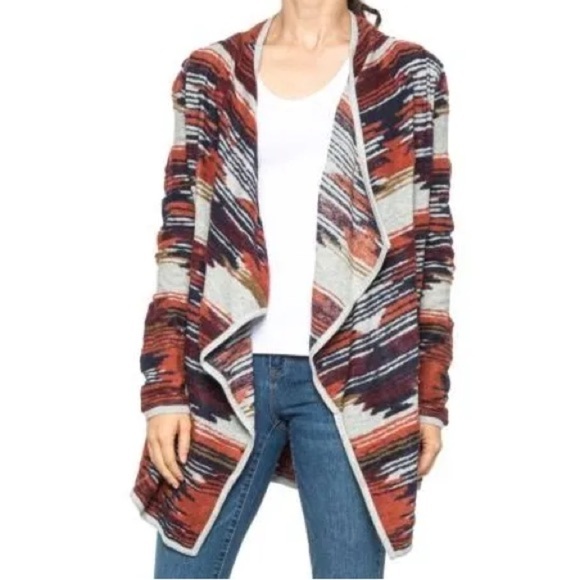 Lucky Brand Boho Aztec Print Waterfall Cardigan Small Rust Navy Southwest Knit - Picture 7 of 15